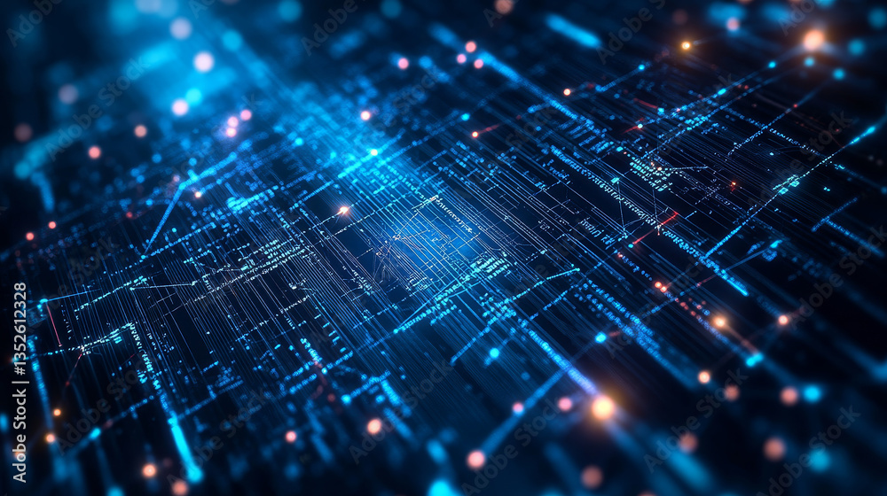 Poster digital technology concept data cyber security protection. interconnected polygons, binary code, and