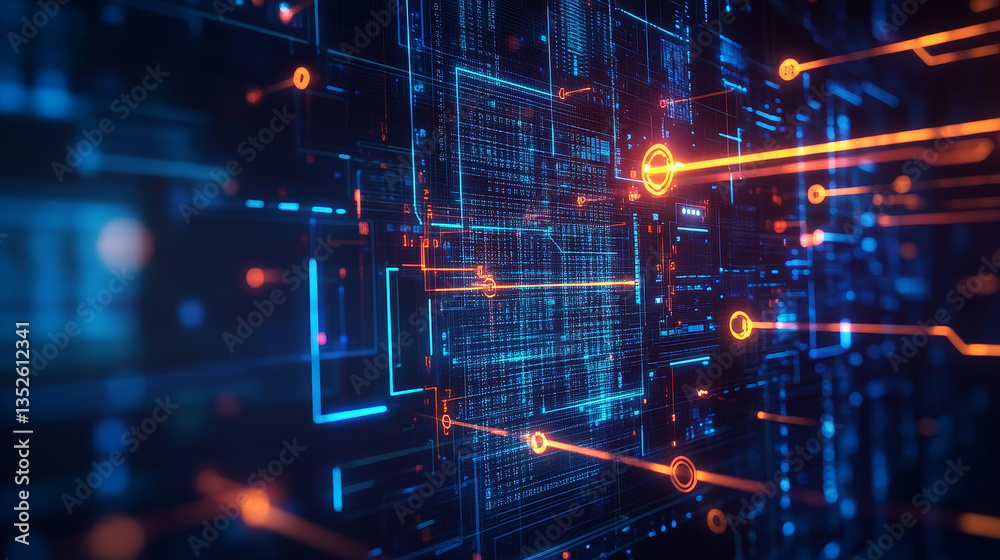 Poster digital technology concept data cyber security protection. interconnected polygons, binary code, and
