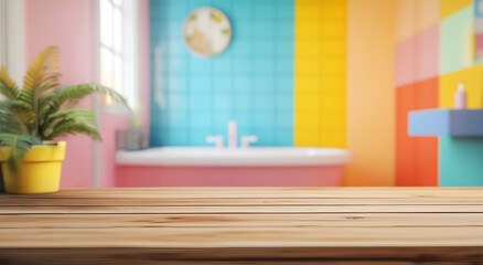 A wooden table for product placement, a colorful bathroom in the background with a bathtub, tiles in cheerful pastel colors