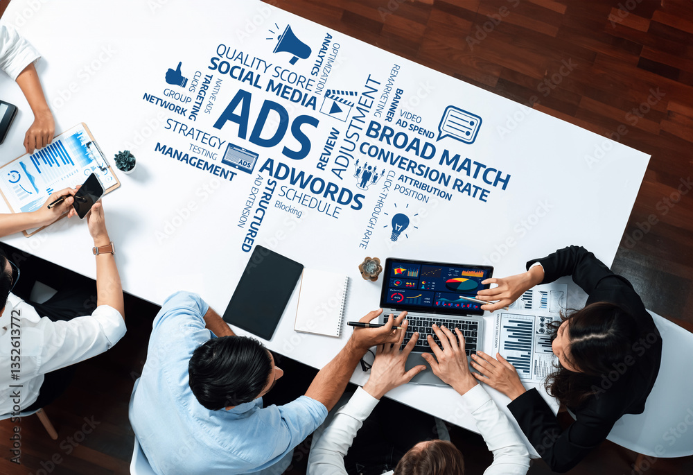 Poster a dynamic business meeting showcasing teamwork in analyzing online advertising strategies and perfor