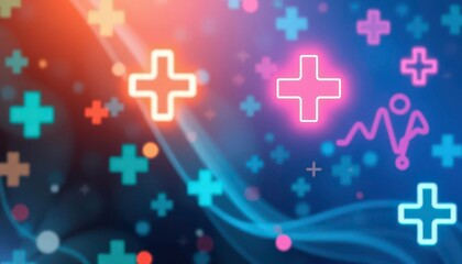 Obraz premium Abstract medical background with glowing cross symbols and health icons, doctor, nurse