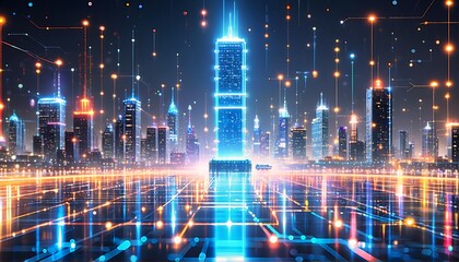 Fototapeta premium A futuristic cityscape with glowing blue and yellow lines weaving through it.