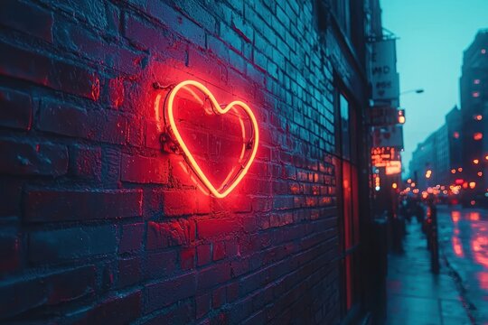 Neon heart sign glows against brick wall. City street blurs in background - Powered by Adobe