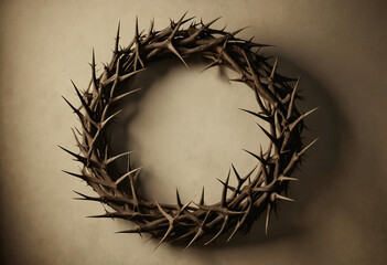 Fototapeta premium A crown of thorns rests gently against a textured backdrop, evoking themes of royalty, sacrifice, and spiritual reflection Generative AI
