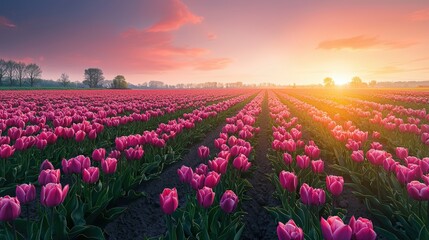 Obraz premium a beautiful tulip field at sunset 
