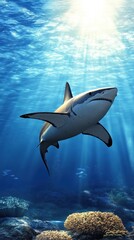 A majestic shark swimming in deep blue ocean water