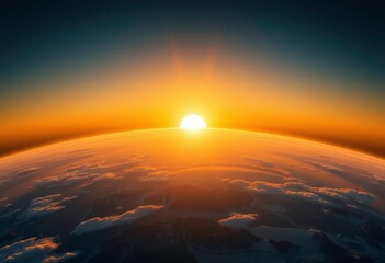 Golden sunlight crests Earth's horizon, illuminating atmospheric layers, nature, astronomy