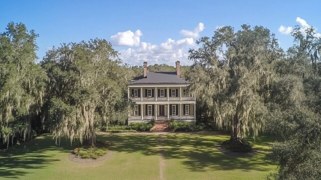 Antebellum architecture, charming southern plantation house nestled in nature