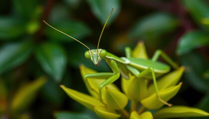 Intense green mantis, detail of eyes & forelegs, lush foliage background , summer, spring