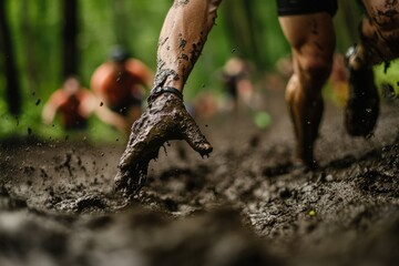 Athletes Support Each Other in a Muddy Obstacle Race: Action-Packed Competition in a Forest Field