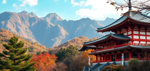 Ancient Japanese temple nestled amongst towering mountains, serene atmosphere, spirituality, calm