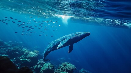 Fototapeta premium Majestic Humpback Whale Gliding Effortlessly Through the Azure Ocean Depth