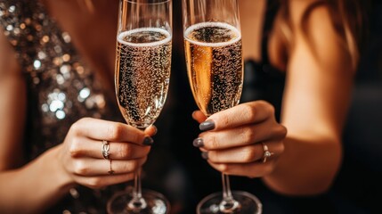 Caucasian Women Celebrating Together with Champagne Toast Amidst Candlelit Domestic Decor