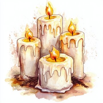 Charming Hand-Drawn Watercolor Illustration of White Candles with Flames for Holiday Decor