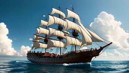 A ship sailing on the ocean with sails unfurled.