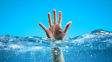 Reaching Hand from Water with Blue Sky Asking for Help