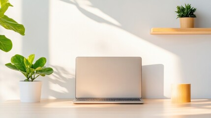 Fototapeta premium Minimalist workspace with a laptop on a wooden desk next to potted plants under warm sunlight.