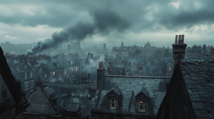 The rooftops of an old  city, with an overcast sky, grey clouds, and a dark, gloomy atmosphere. 