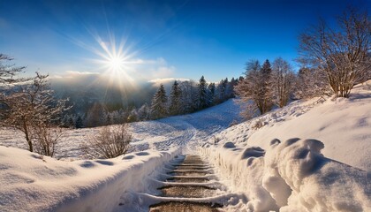 Obraz premium wonderful sunny day in winter wallpaper design with steps in snow