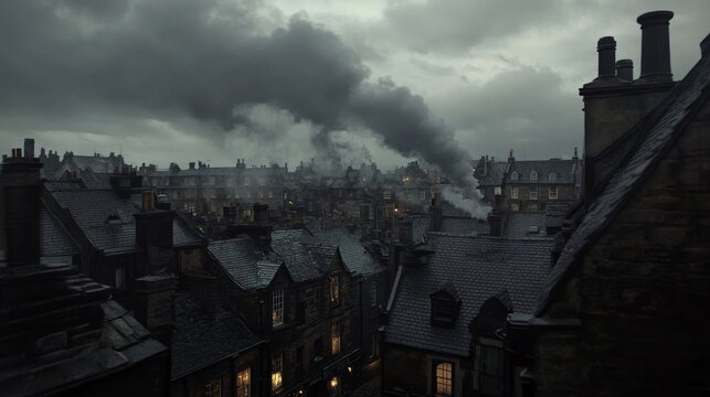 The rooftops of an old  city, with an overcast sky, grey clouds, and a dark, gloomy atmosphere. 