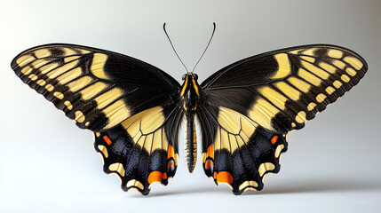 Obraz premium A majestic Eastern Tiger Swallowtail butterfly, showcasing its vibrant yellow and black wings against a soft, neutral background.