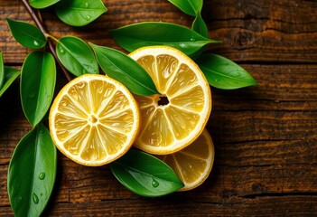 Juicy lemon slices, water droplets, vibrant green leaves on rustic wood, water, wood
