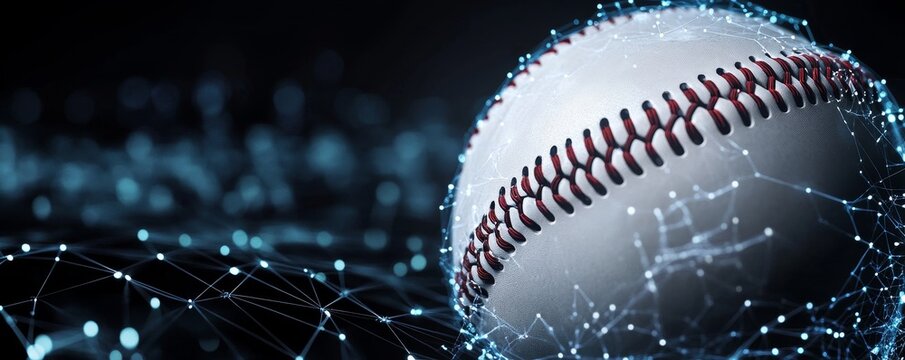 futuristic baseball in glossy material with analytics hud details isolated on black background as banner with copyspace area. Generative AI