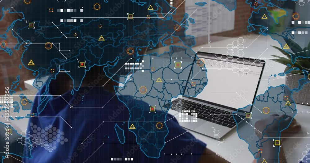 Poster world map and data processing animation over person using laptop at desk