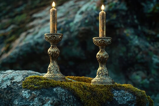 Two ornate golden candlesticks with lit candles rest on a moss-covered rock at dusk.