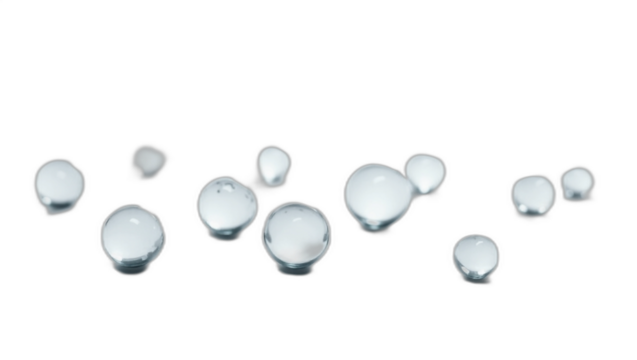 Delicate spherical transparent water drops of varying