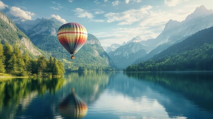 Fototapeta premium A colorful hot air balloon floats over the calm lake, surrounded by towering mountains and lush forests. 