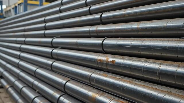 Arrangement Of Metallic Cylinders Stacked In A Warehouse Creating A Grid Texture