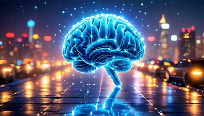A digital illustration of a blue brain with glowing lines and dots floating around it, set against a cityscape at night.