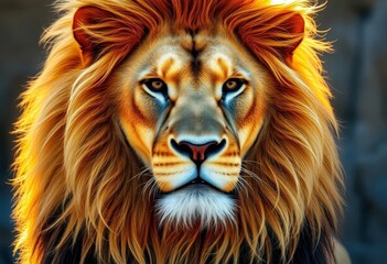 Naklejka premium Majestic lion with flowing mane, sunlit golden fur, serene expression, africa, elegant