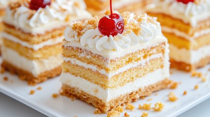 A close-up of a layered cake topped with whipped cream and a cherry.