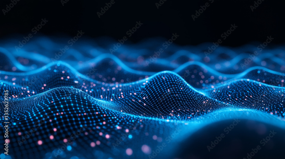 Poster digital technology concept data wave flow polygons connecting dots lines on a dark black background.