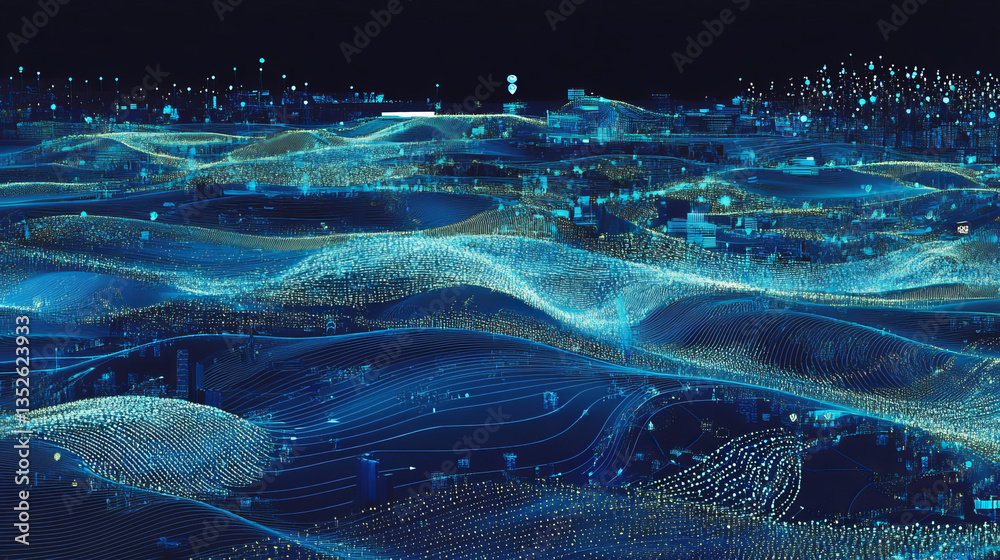 Poster digital technology abstract concept cyber security. connection and flow of data waves, polygons, dot