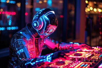 Luminous DJ Robot Under Neon Lights: A Glamorous Fusion of Fantasy and Music Energy