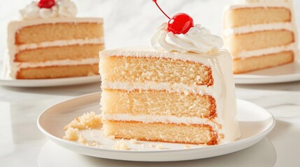 A slice of vanilla cake with cream frosting and a cherry on top, served on a white plate.