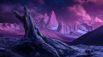 Fantasy night mountains landscape with moon and stars.