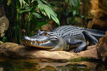 Fototapeta premium Majestic Large Alligator at Brisbane Zoo: A Fascinating Encounter with This Australian Amphibian