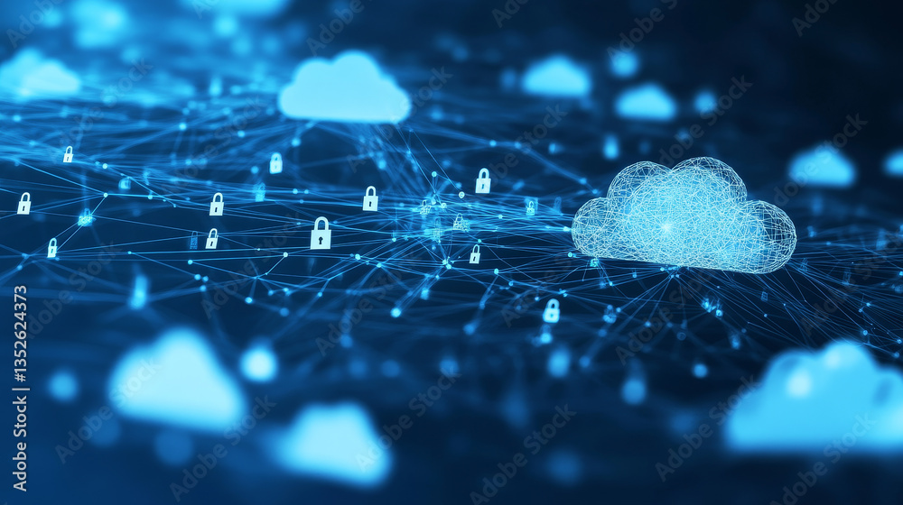 Poster cloud computing. the data transfer and storage concept consists of a white polygonal interconnected 
