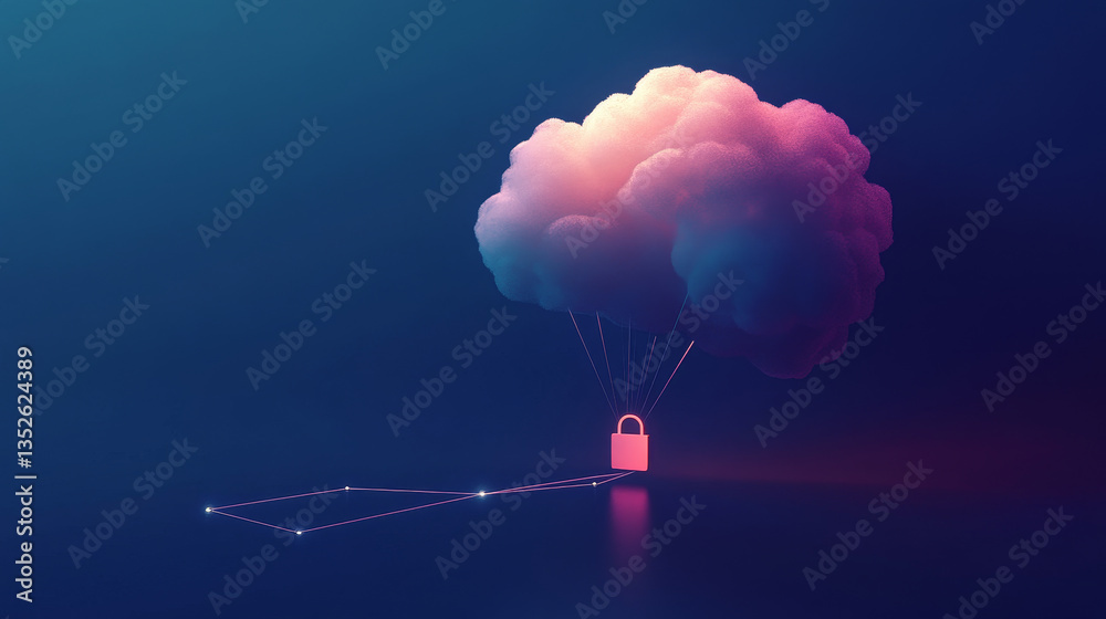 Poster cloud computing. the data transfer and storage concept has a cloud in the middle connected to a whit
