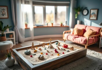 Cozy room, sand tray therapy, miniature objects arranged, cozy,  peaceful