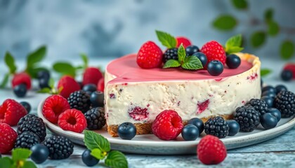 Creamy berry cheesecake, fresh raspberries, blueberries & blackberries, sweet treat, yummy