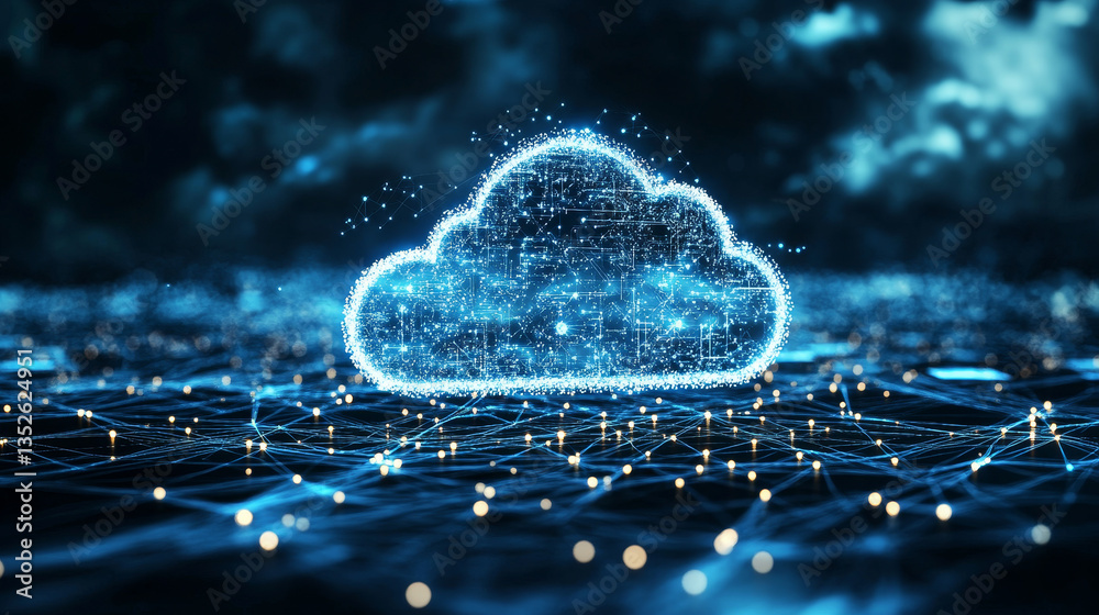 Poster cloud computing technology concept upload-download transfer database to cloud. there is a small whit