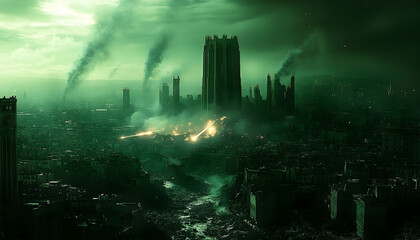 Obraz premium Dystopian cityscape with a towering structure amidst a smoky, green-tinted apocalyptic landscape