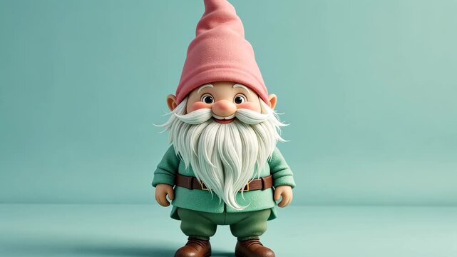 Charming Gnome Figurine in Green Outfit with Pink Hat and White Beard on Plain Blue Background