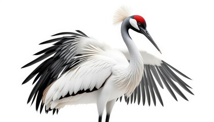 Obraz premium Majestic crane poised elegantly against a pure white background, showcasing intricate feather detail, white background, nature