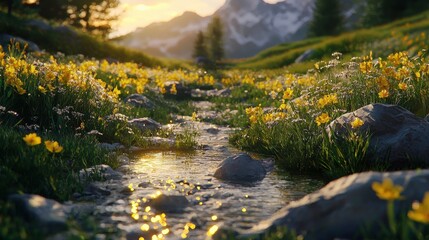 a stream and flowers in the foreground 